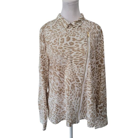 Calvin Klein Size L Asymmetrical Zip Animal Print Blouse Mature Office - Picture 1 of 8
